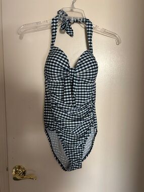 Women’s' Navy Gingham One-Piece Swimsuit with Halter Tie